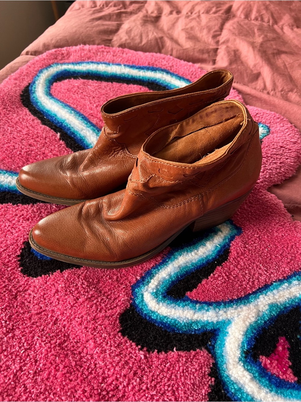 Nine West Tan Leather Ankle Booties with Low Heel